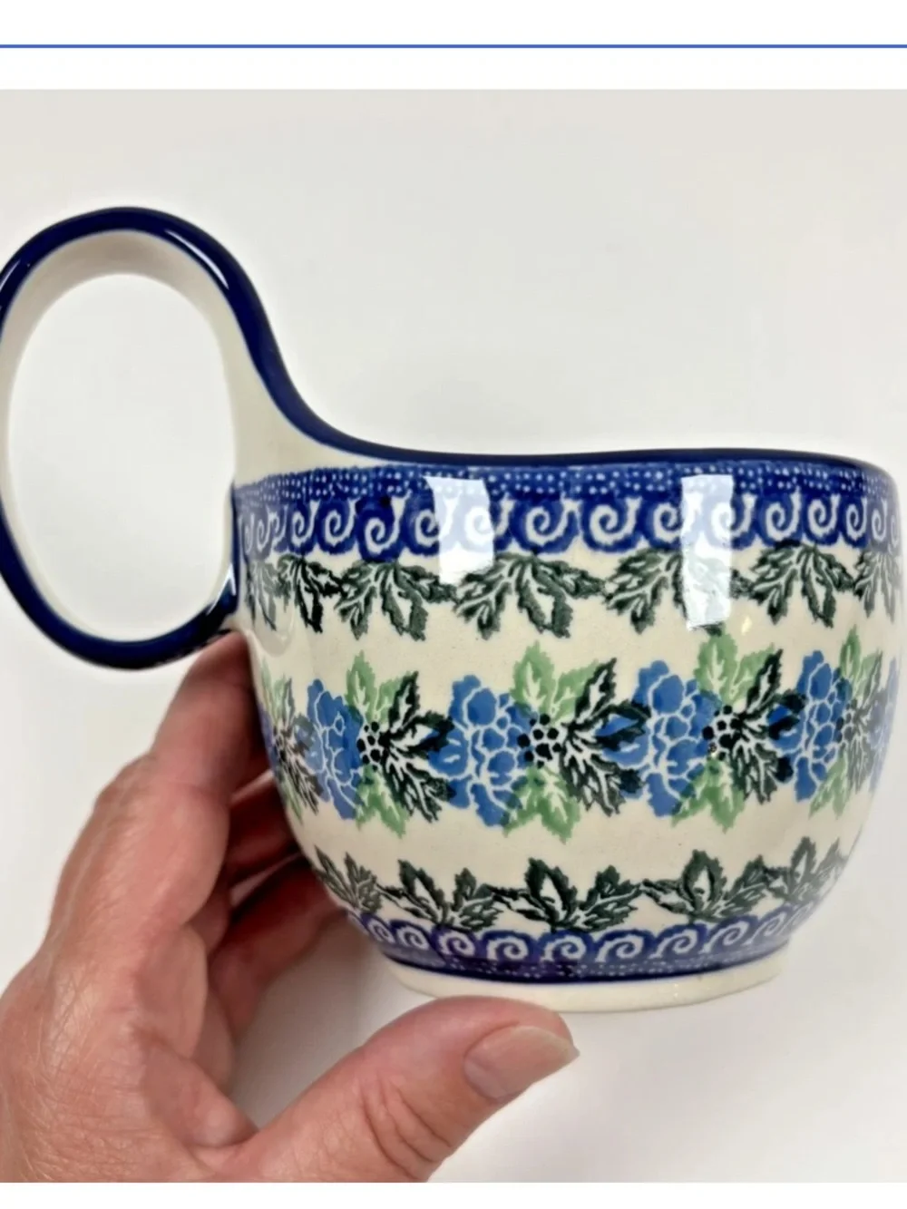 Polish Pottery Soup Bowl Loop Handle Cobalt Blue Green Floral Leaf Boleslawiec